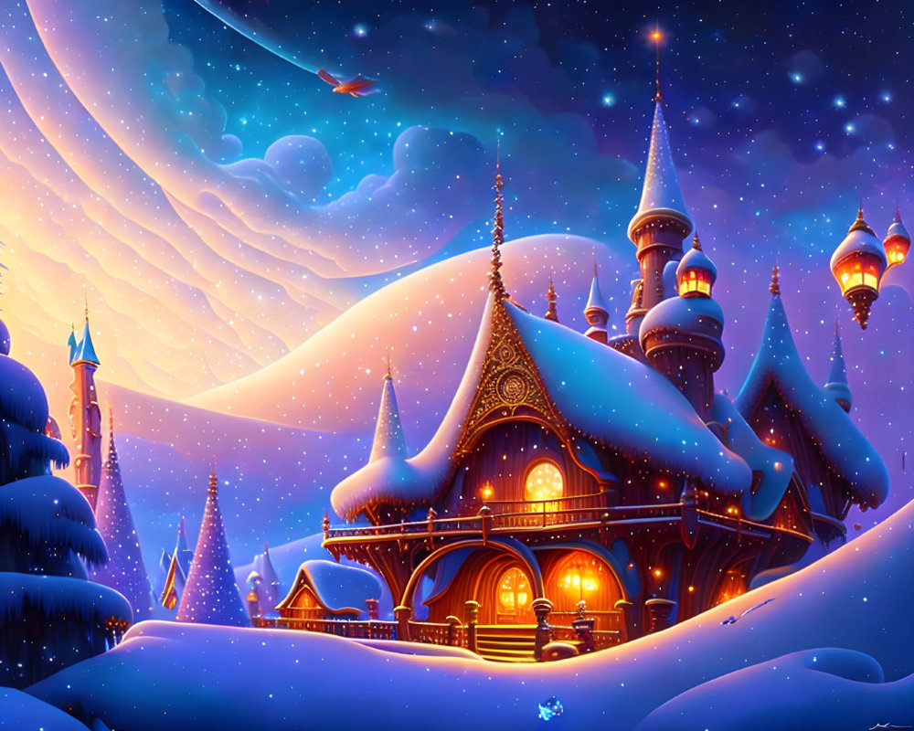 Snow-covered fantasy castle at night with glowing windows