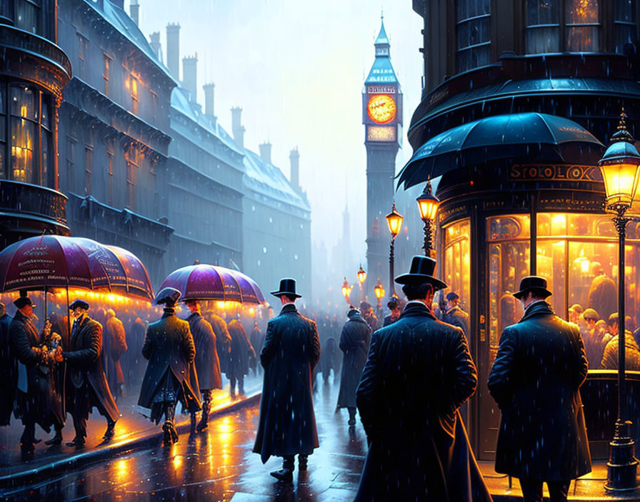 Historic London Street Scene with Rainy Twilight and Big Ben