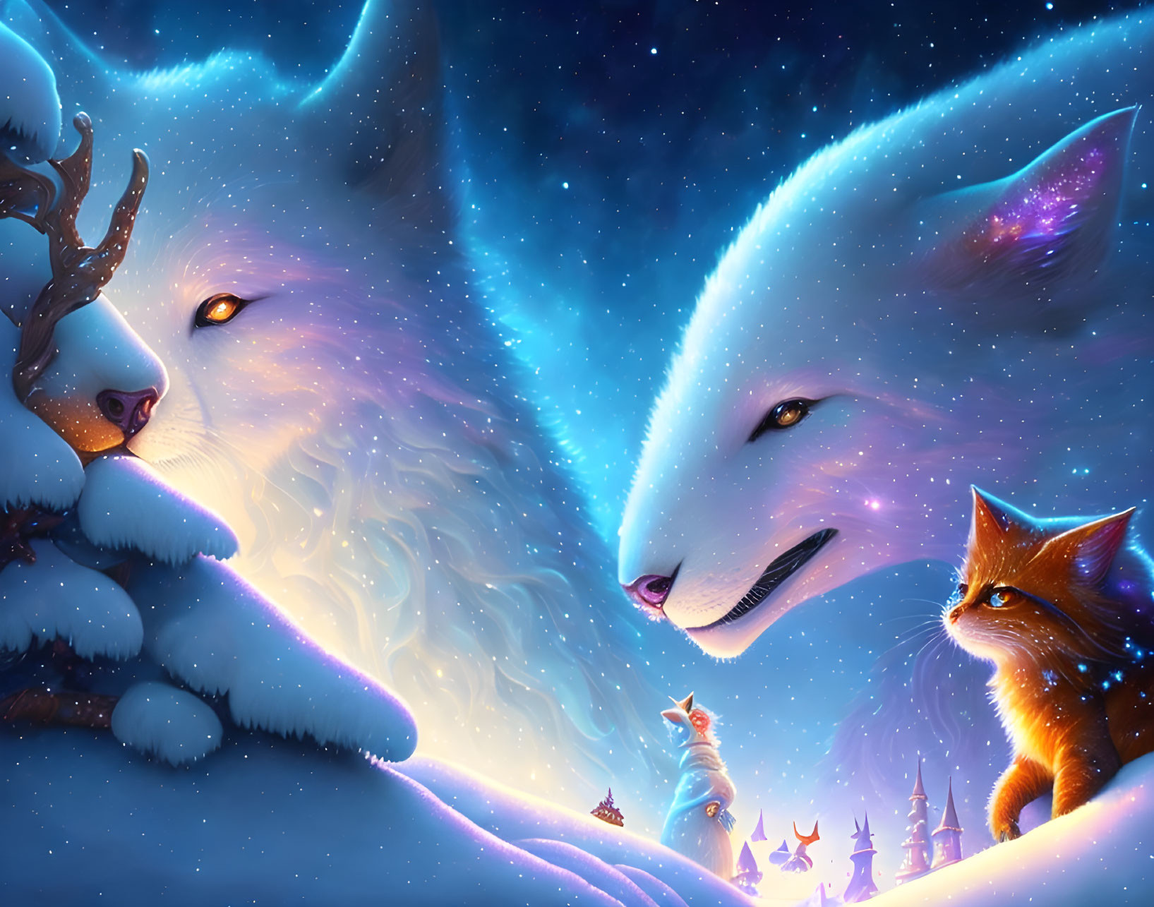 Ethereal wolf faces and small fox in snowy fantasy scene