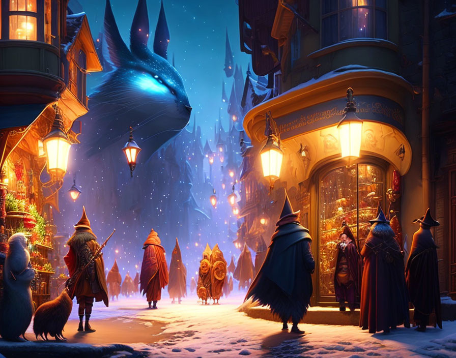 Snowy night street scene with whimsical anthropomorphic animals and magical characters, featuring a towering rabbit figure