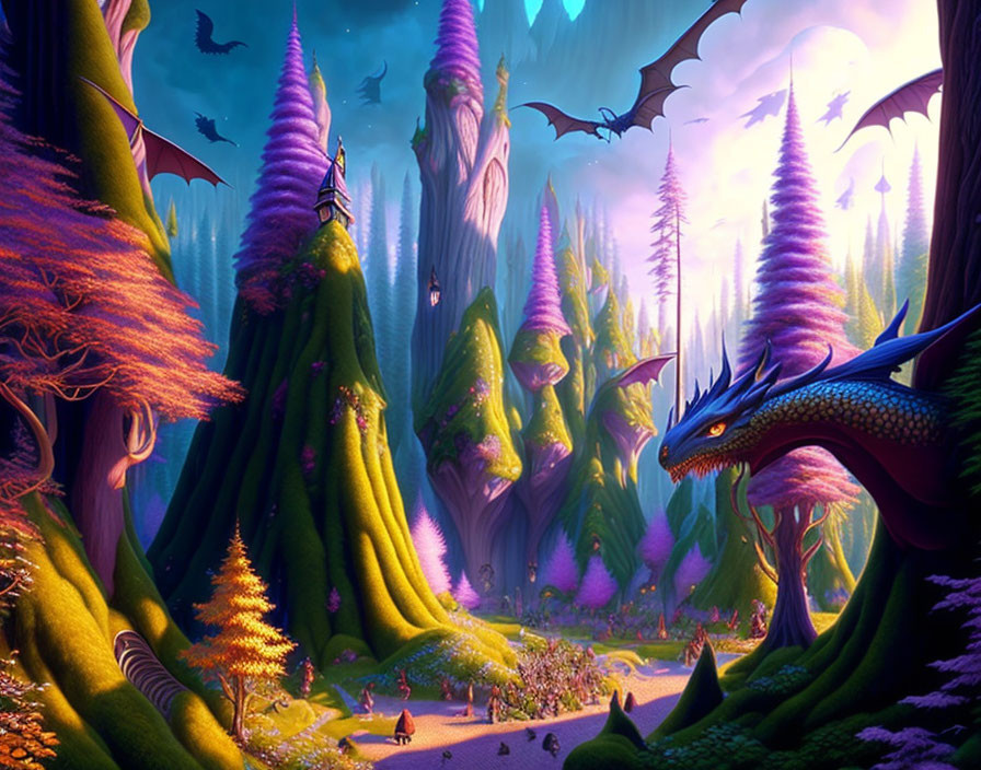 Majestic blue dragon in vibrant fantasy forest