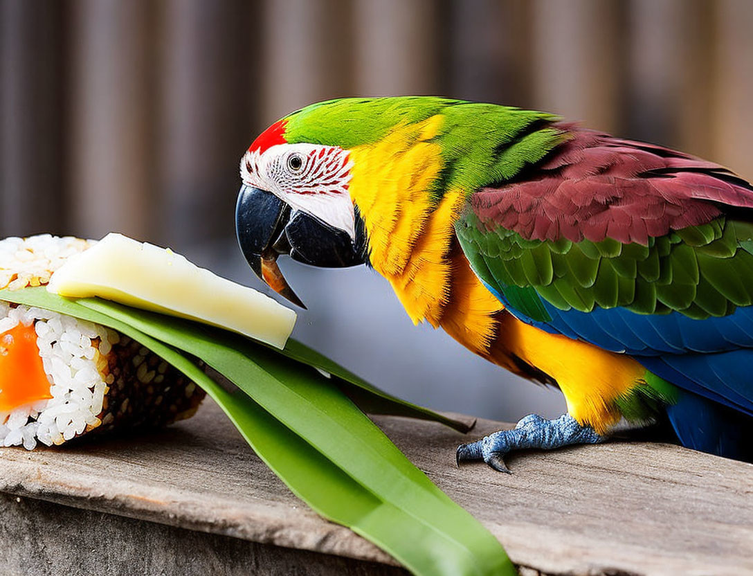 Colorful Parrot Eating Cheese on Sushi Roll with Blurred Background