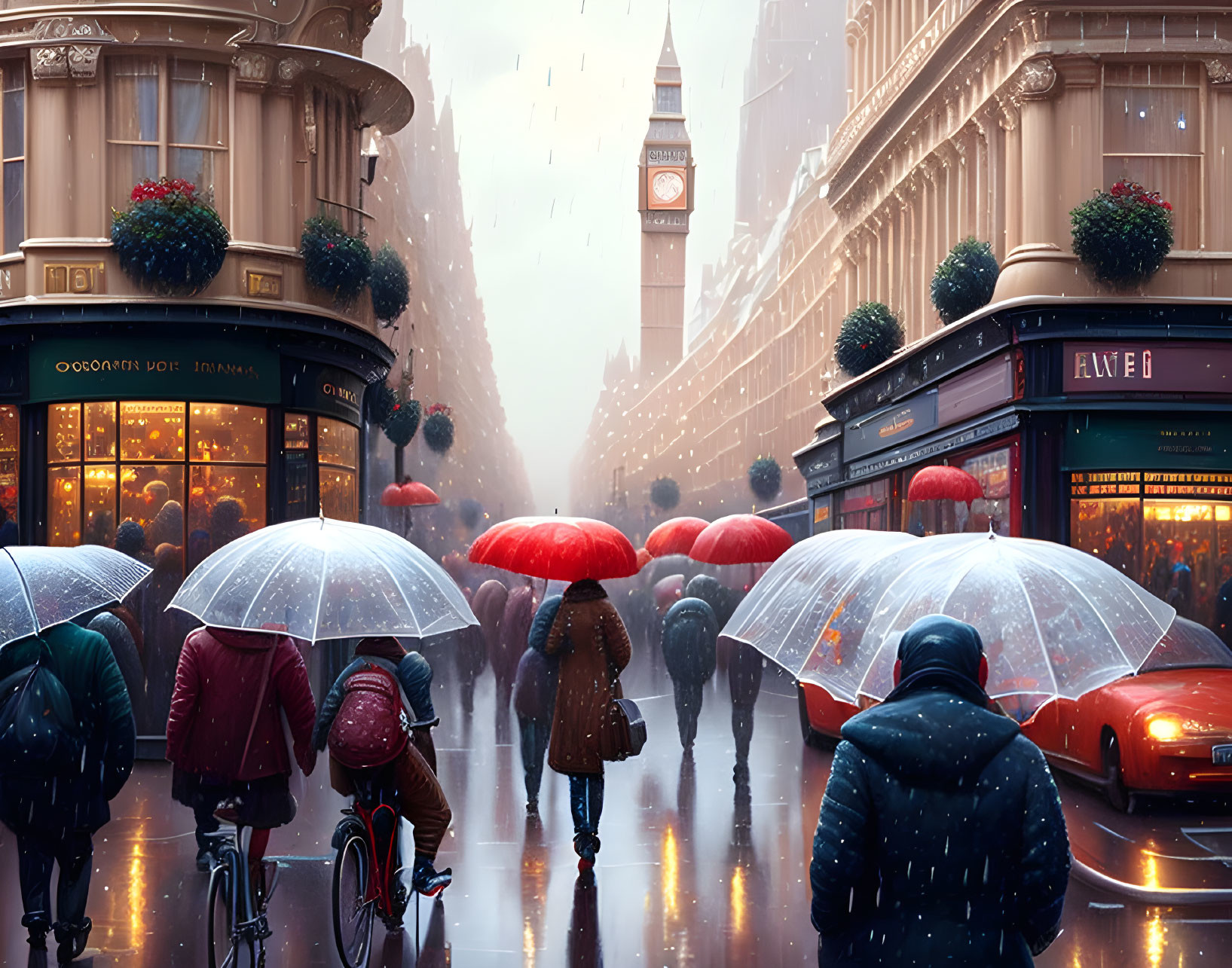 Pedestrians with umbrellas on rainy city street with clock tower view.