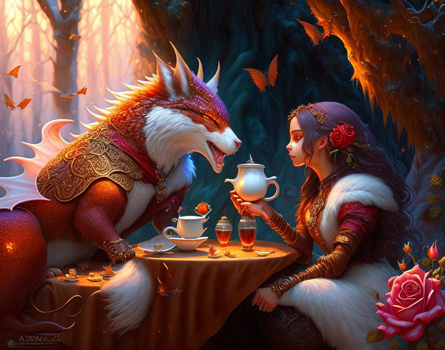 Medieval woman and fox creature at vibrant forest tea party