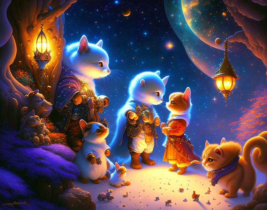 Illustration of glowing cats with lantern in fantasy nocturnal scene