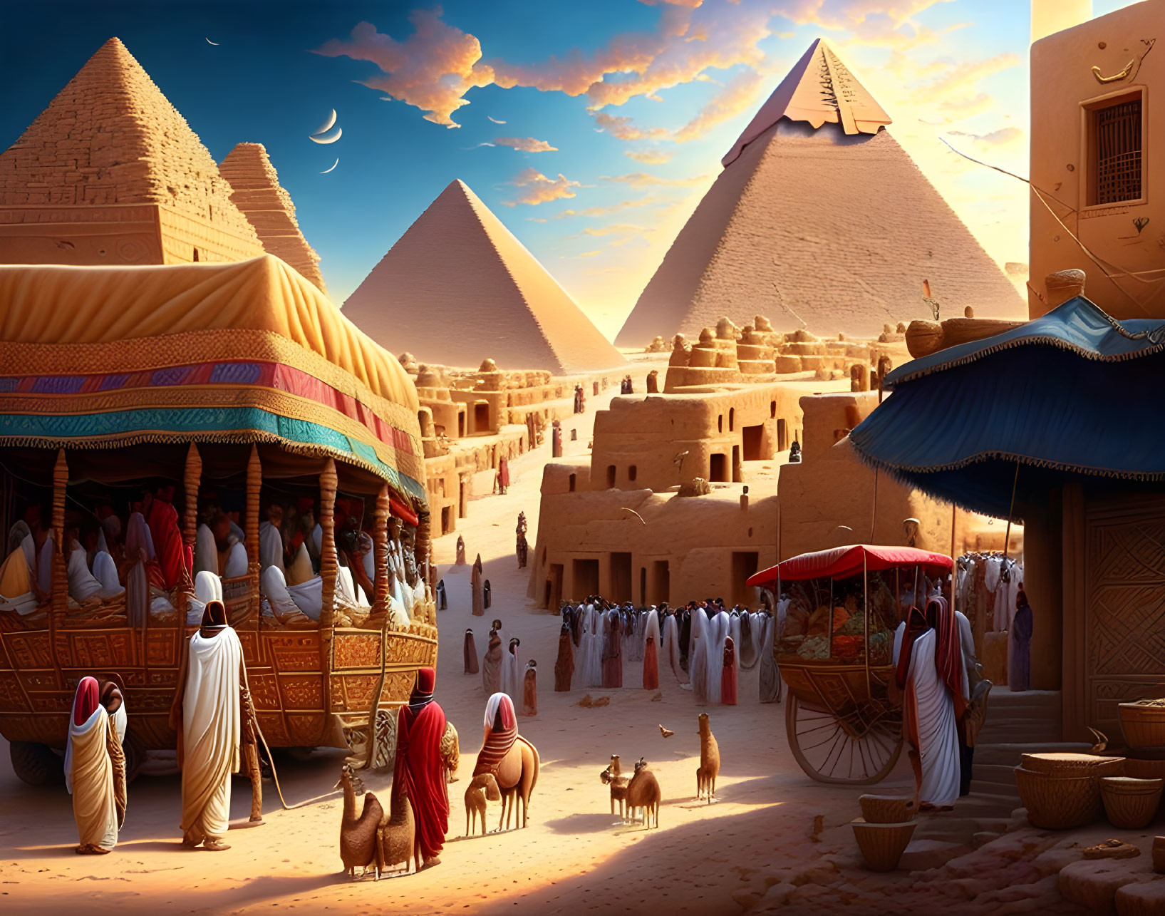 Ancient Egypt animated scene with market, camels, and pyramids