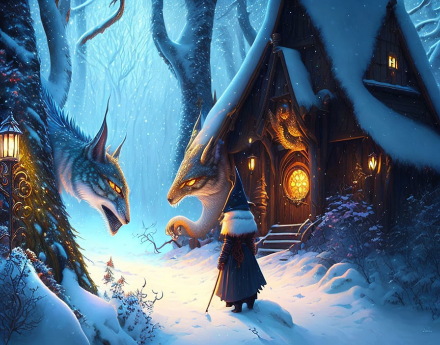 Snowy wizard facing dragons in front of cozy cottage in winter forest