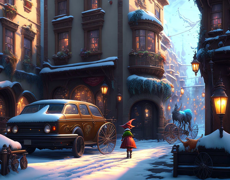 Child walking on snowy vintage street with festive decorations, old car, deer & streetlights