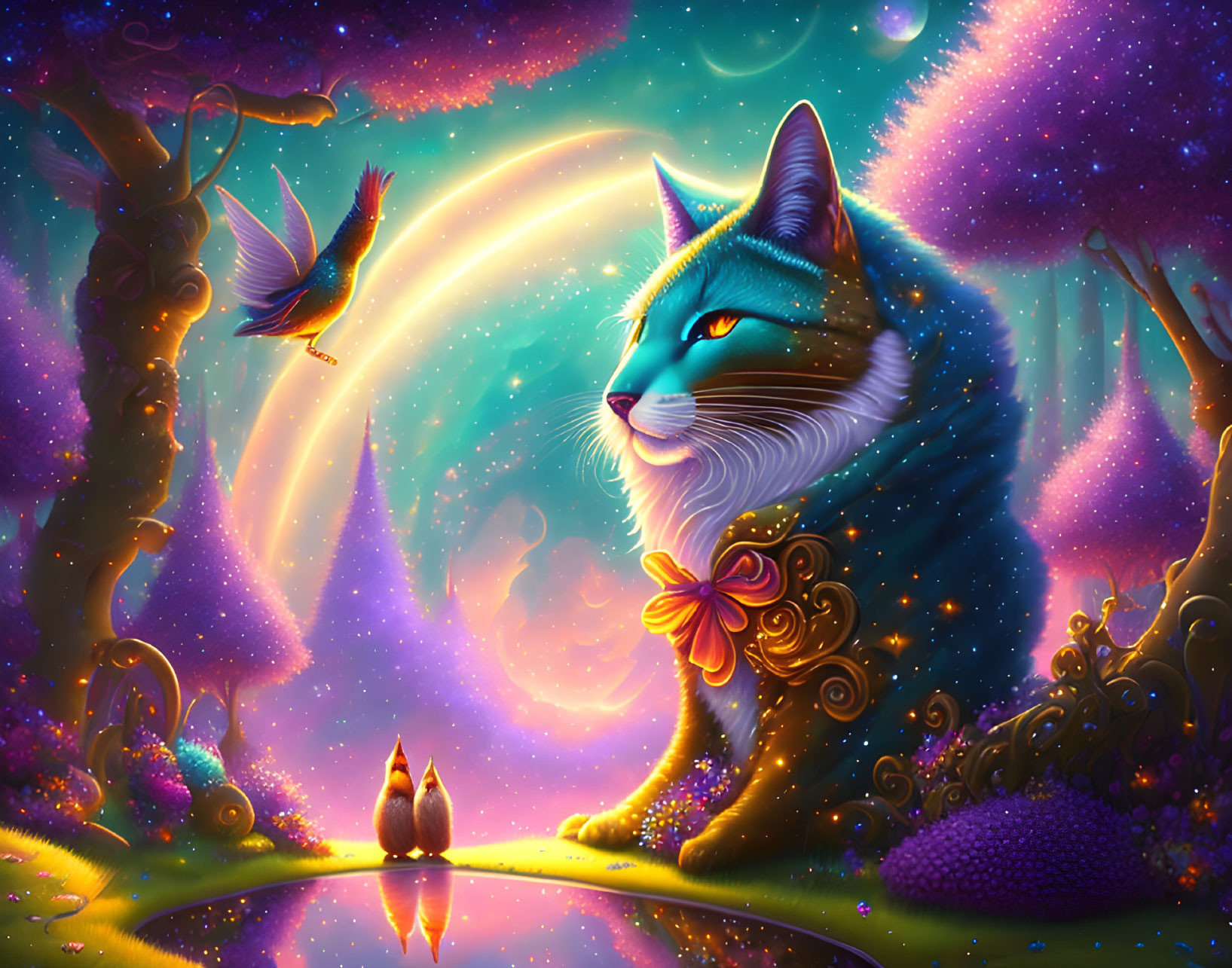 Colorful Illustration of Majestic Cat with Birds and Neon Landscape