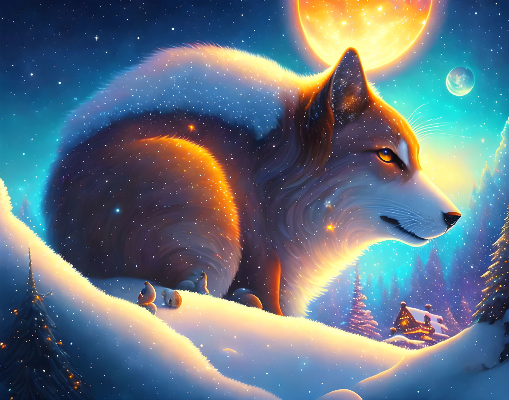 Fox in snowy landscape under starry sky with full moon and cozy cottage.