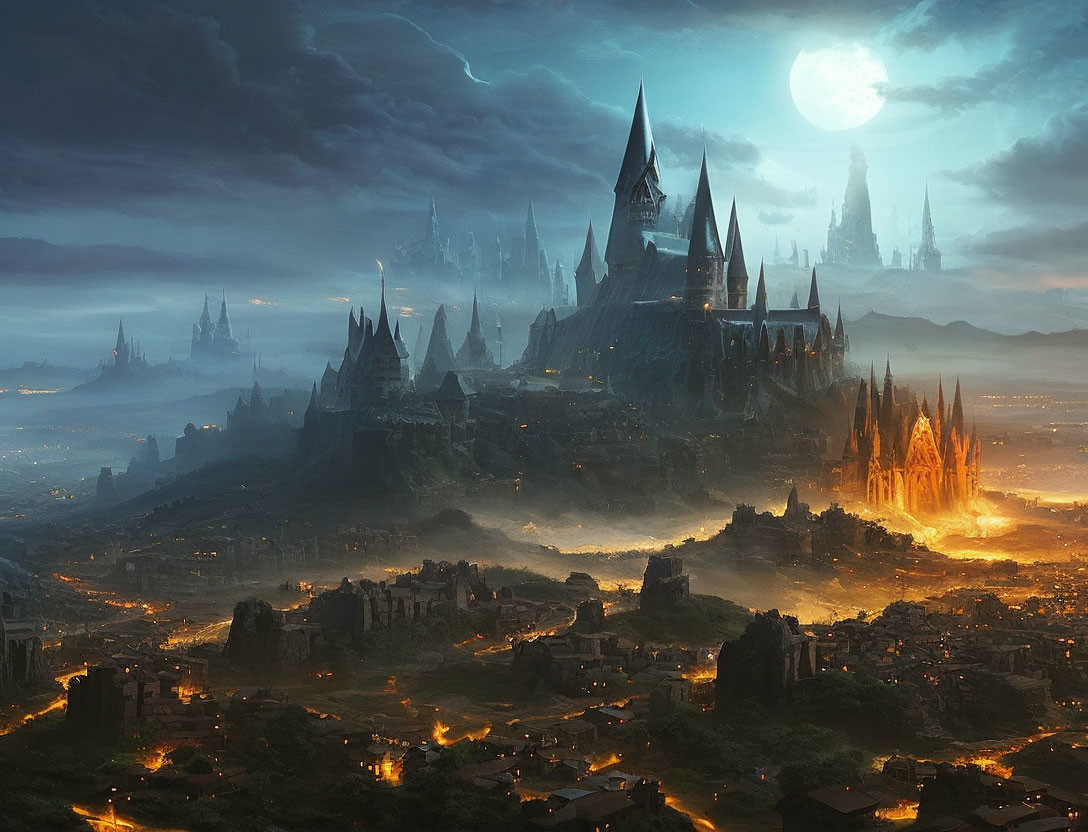 Mystical Gothic cityscape at night with towering spires under moonlit sky