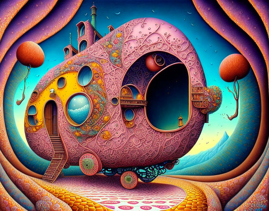 Colorful surreal snail-shaped house illustration with intricate patterns on vibrant landscape