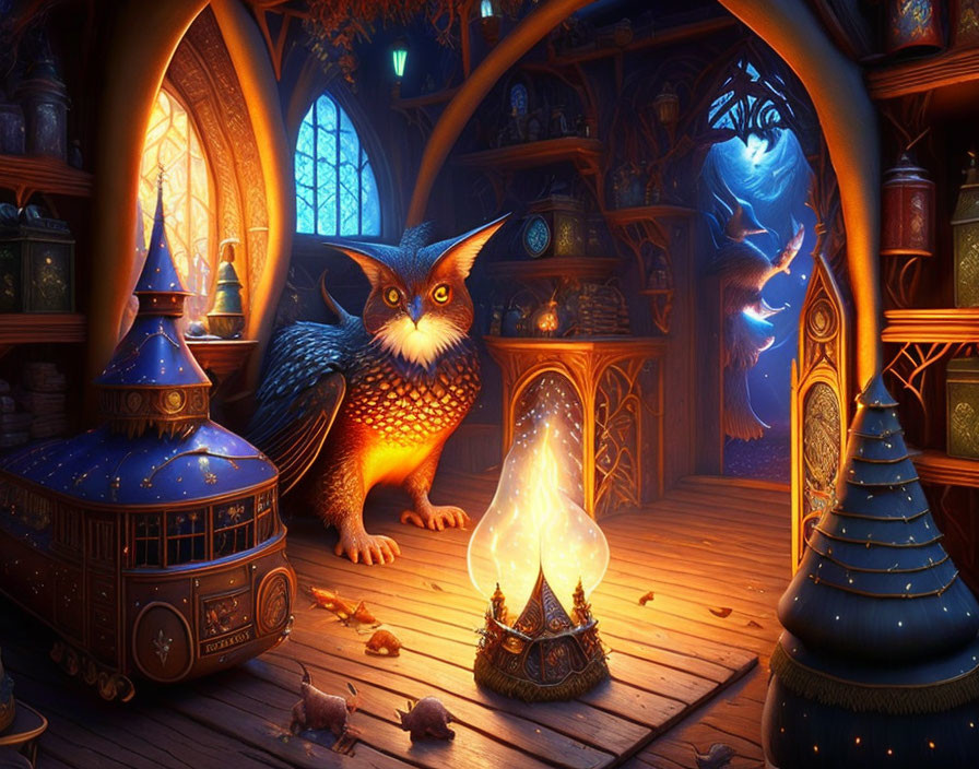 Enchanting Room with Owl, Wizard's Hat, Levitating Books, and More