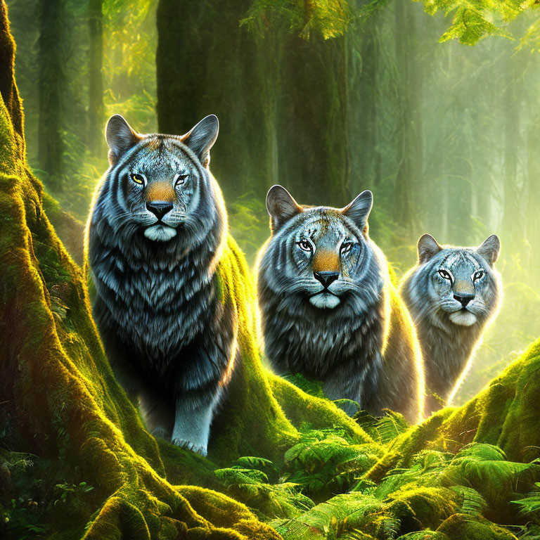 Mystical moss-covered forest with three tiger-like creatures