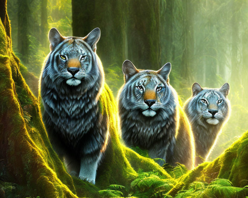 Mystical moss-covered forest with three tiger-like creatures