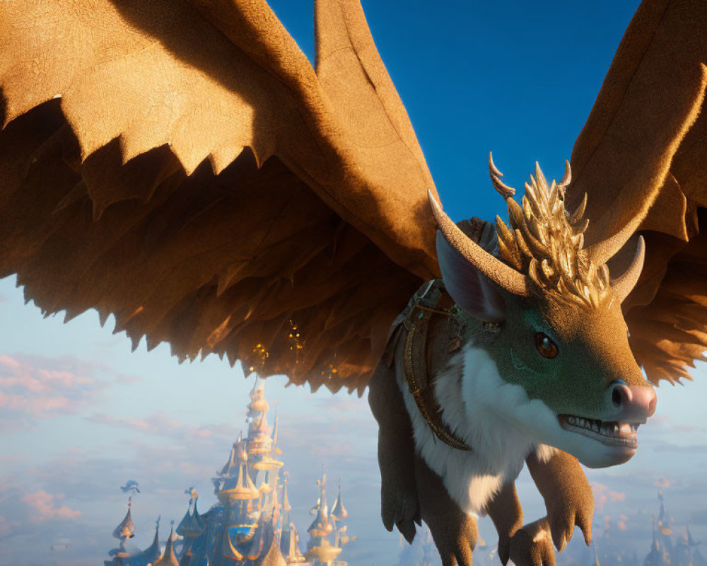 Golden-horned flying creature with outspread wings and fairytale castle against clear blue sky