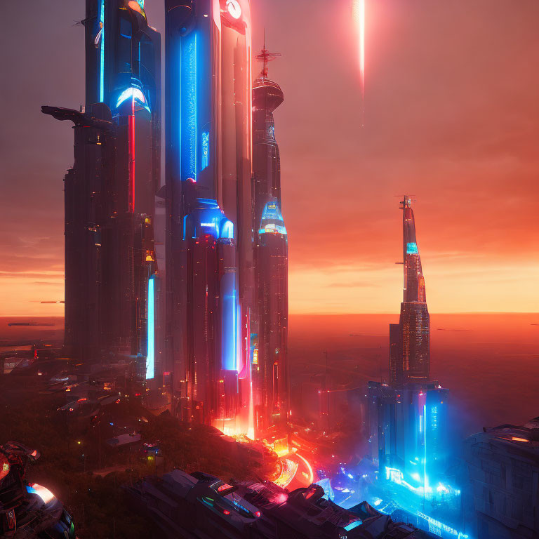 Futuristic cityscape at dusk with neon-lit skyscrapers and comet in sky