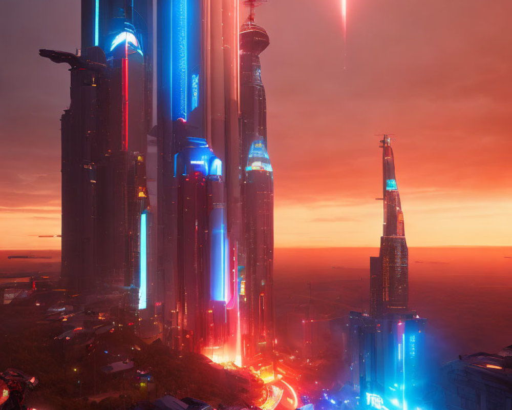 Futuristic cityscape at dusk with neon-lit skyscrapers and comet in sky