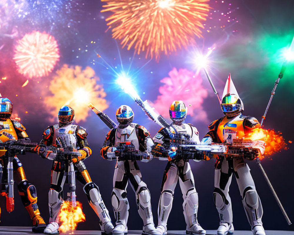 Space armor action figures in dynamic pose with weapons, set against fireworks.