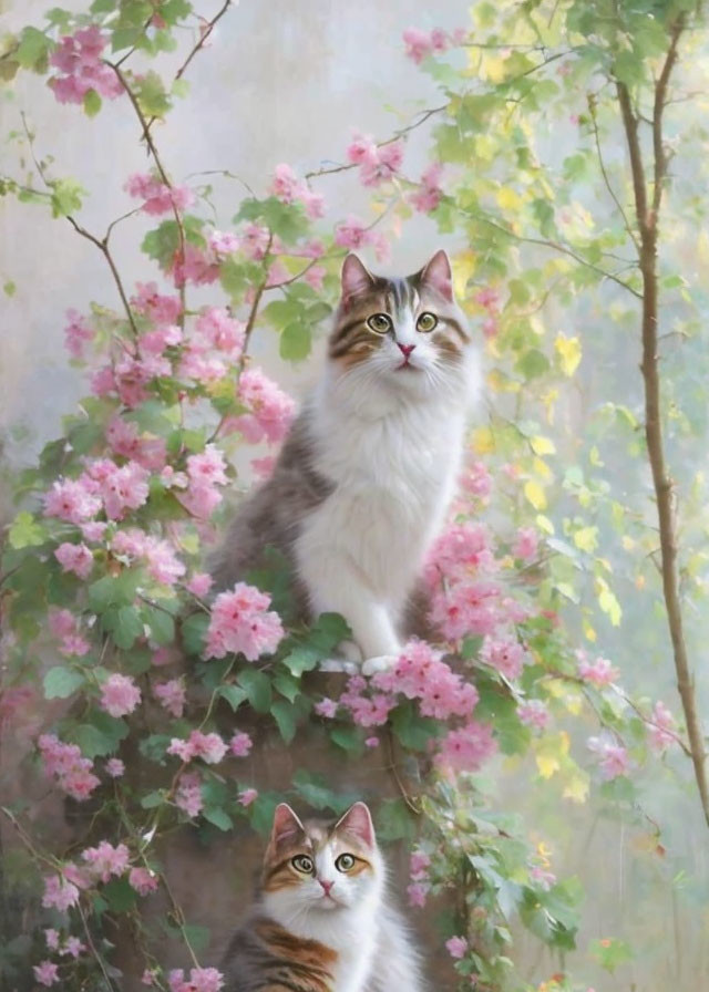 Fluffy cats in pink flower garden with one gazing up