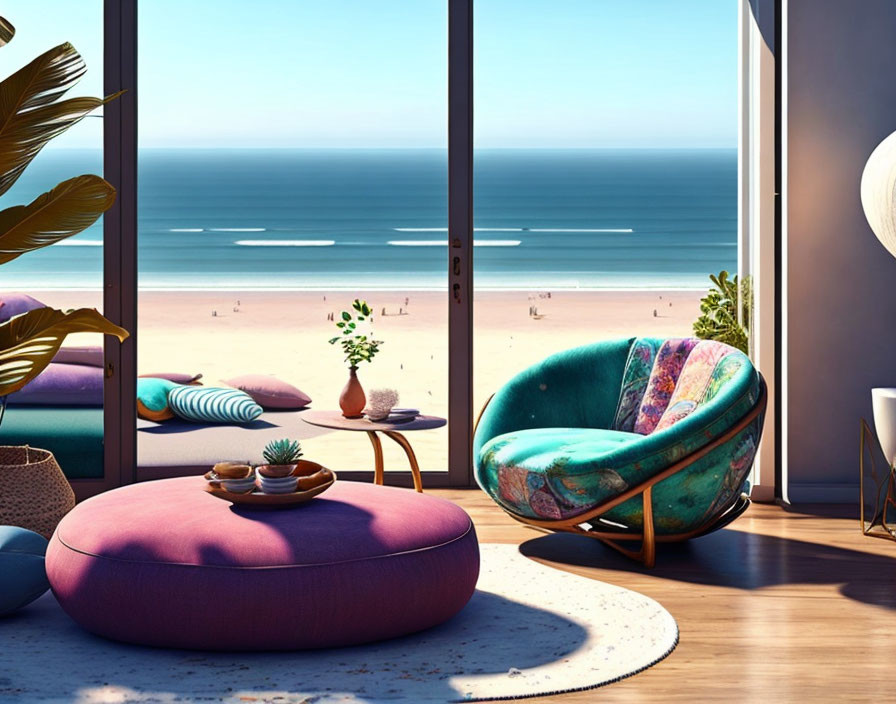 Beachfront room with sliding door, colorful furniture, wooden floor, sandy beach, and ocean view