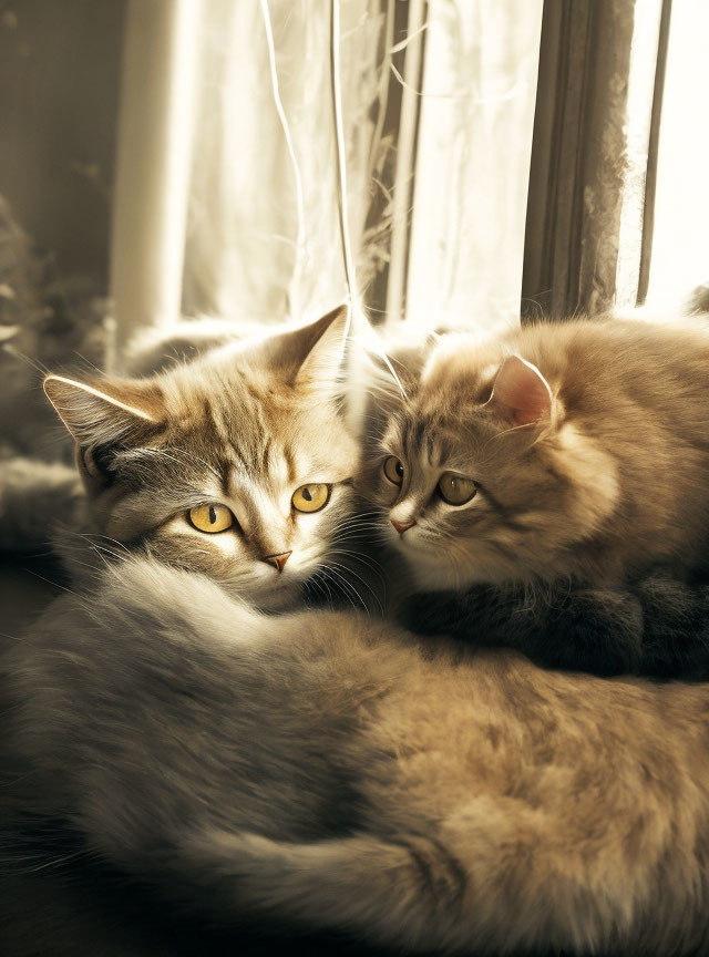 Fluffy Cats with Striking Yellow Eyes Cuddle by Window