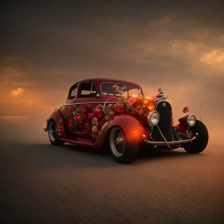 Vintage red car with floral decorations on road at dusk