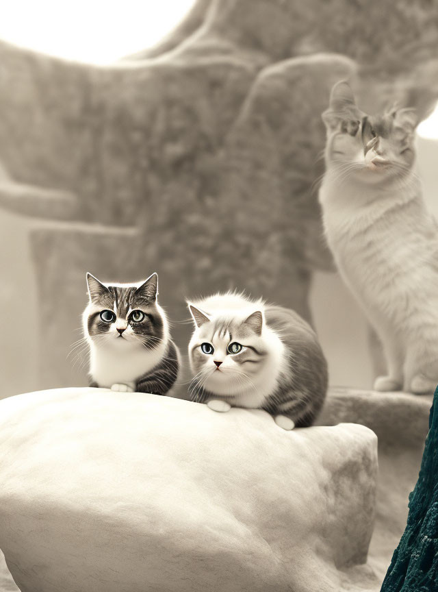 Three cats with striking markings on stony structures, two in foreground, one blurred in background