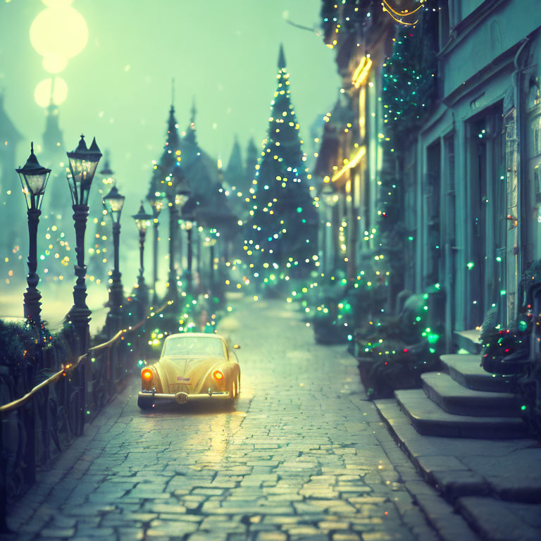 Vintage car driving through festive, illuminated Christmas street at night