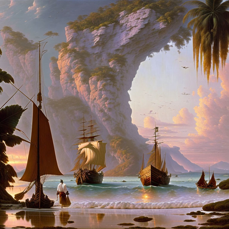 Tropical beach scene with tall ships, cliffs, palm trees, calm waters, and a figure under