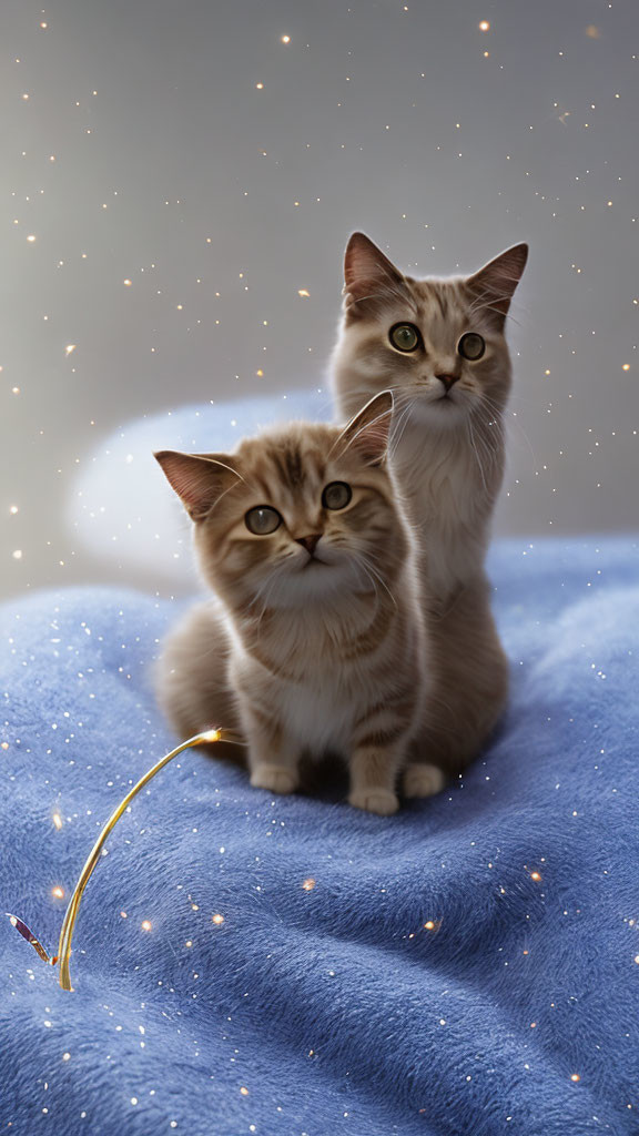 Fluffy Cats on Blue Blanket with Golden Sparkling Lights