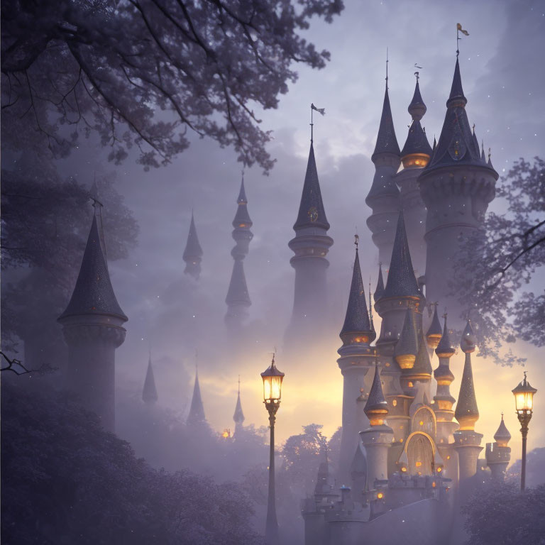 Majestic castle with spires in misty forest at dusk