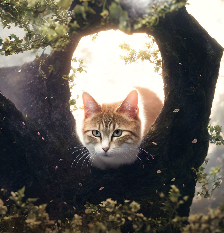 Cat in hollow tree surrounded by foliage and sunlight with floating petals