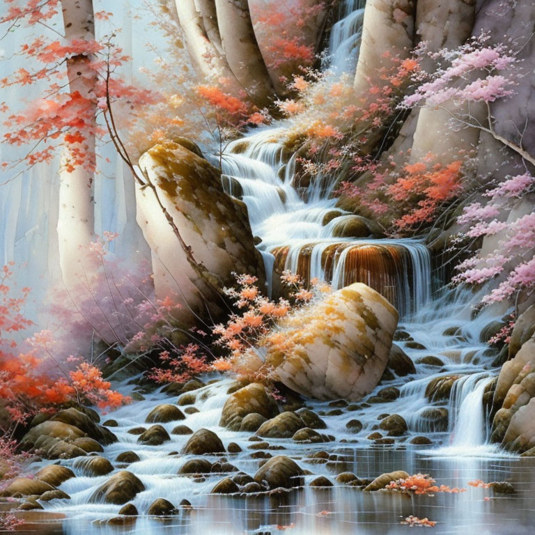 Tranquil forest scene with waterfall, birch trees, and cherry blossoms