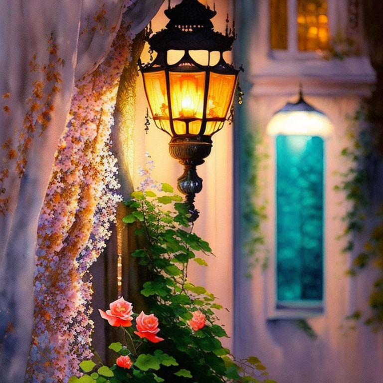 Vintage lamp post glowing at dusk with blooming flowers and ivy by old window