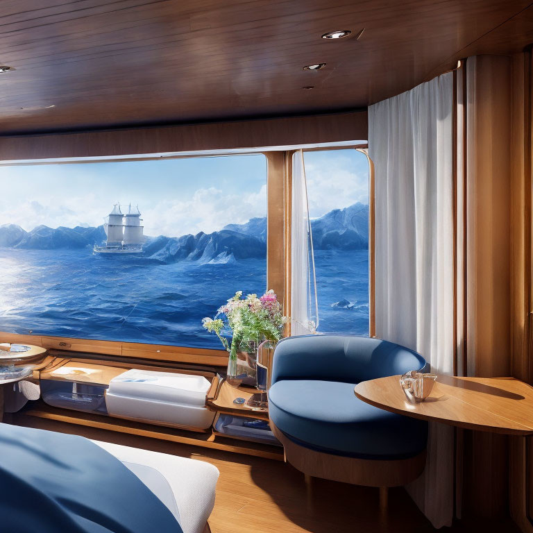 Luxurious Boat Interior with Ocean View and Sailboat in Distance