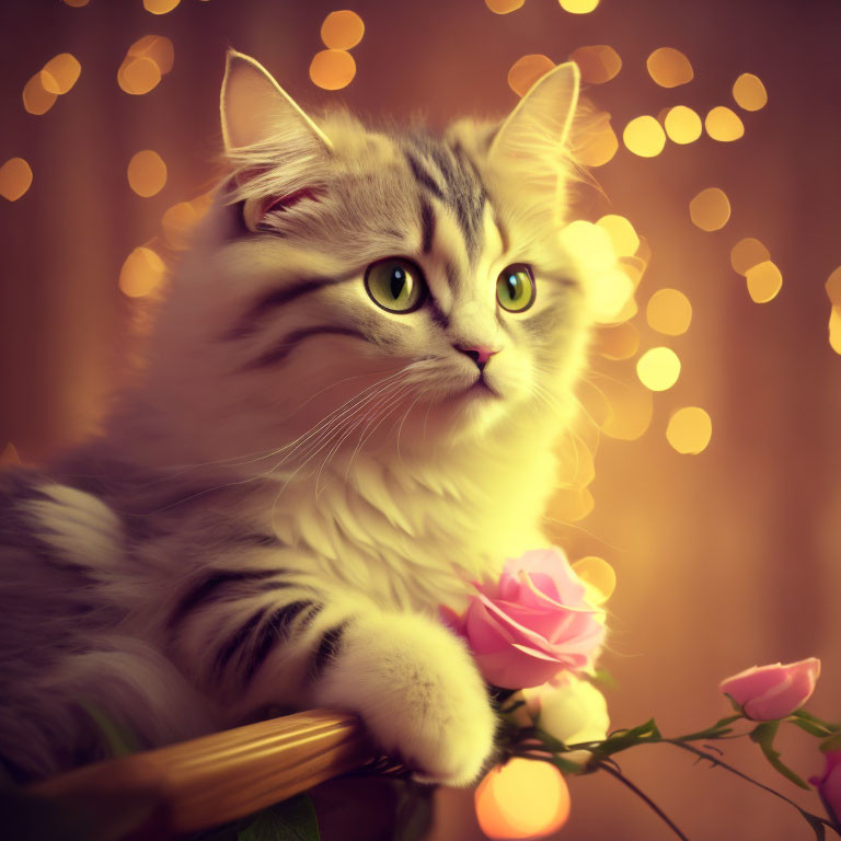 Fluffy tabby cat with green eyes beside pink roses on warm background