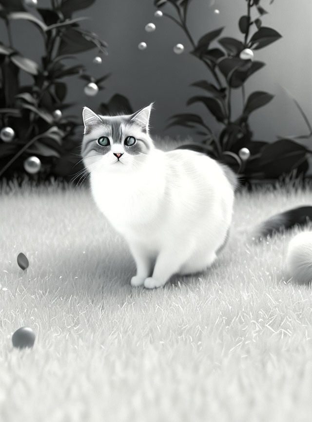 Fluffy cat with unique eyes in monochrome nature scene