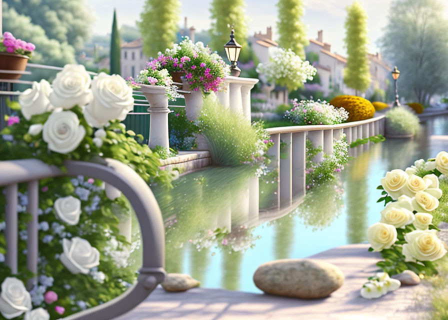 Tranquil riverside scene with lush flowers, balustraded walkway, and village backdrop