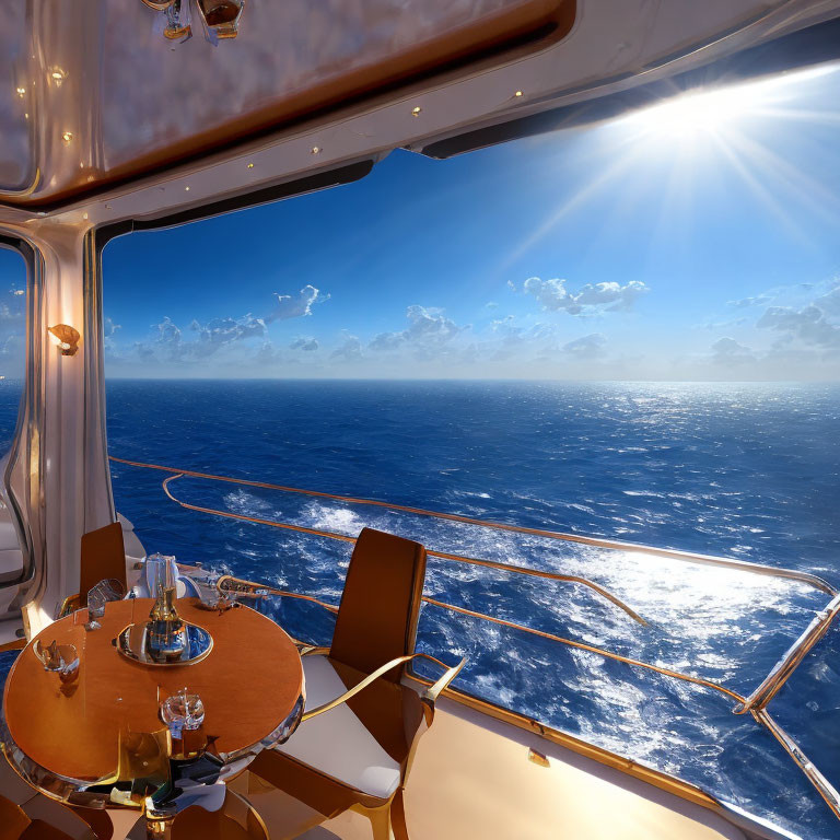 Luxury Yacht Interior with Table Set for Two and Panoramic Ocean View