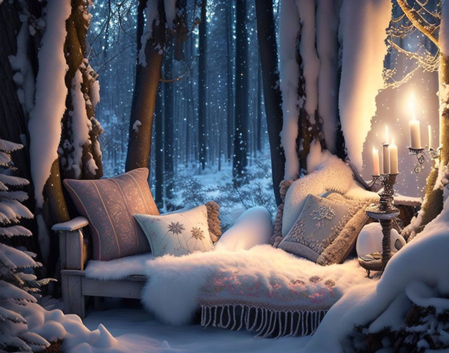 Snowy Outdoor Bench Scene with Cushioned Pillows and Lit Candles