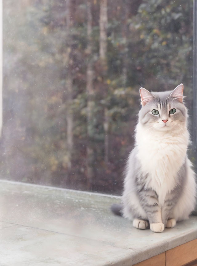 Fluffy Gray and White Cat by Foggy Window with Tree Background