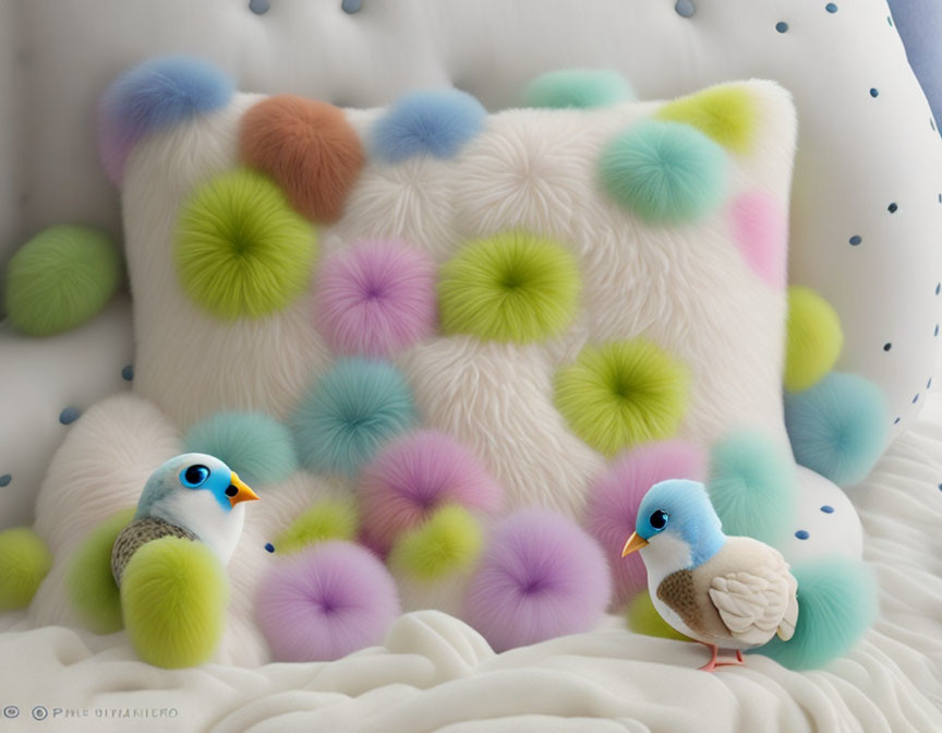 Vibrant decorative pillow with pom-poms, bird figurines, and polka dots