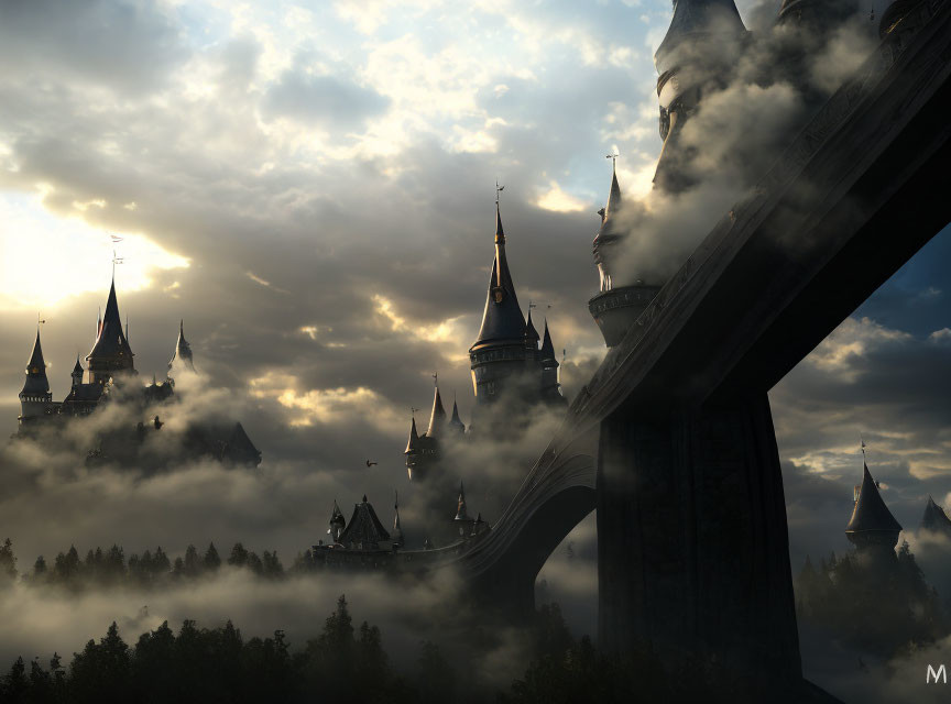 Mystical castle with soaring towers shrouded in fog at dusk