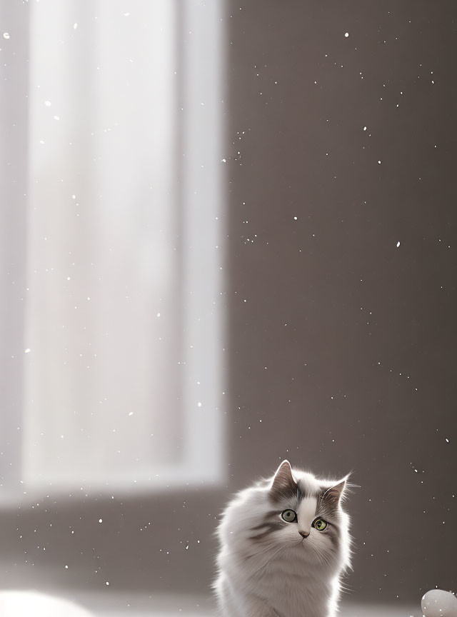 Fluffy white cat with unique markings in sunlight indoors