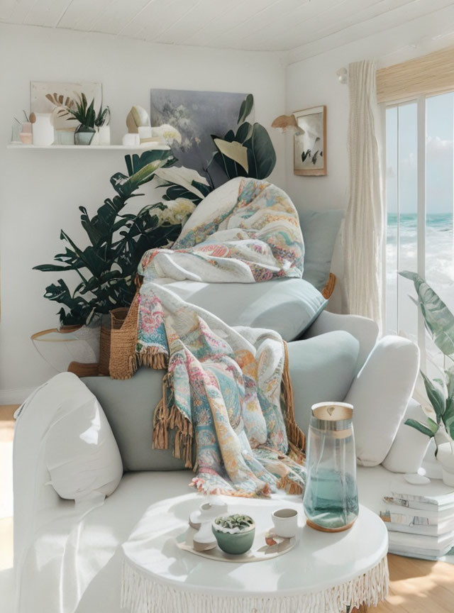 Blue Sofa, Colorful Blanket, Plants, Woven Elements, Sea View in Cozy Beach