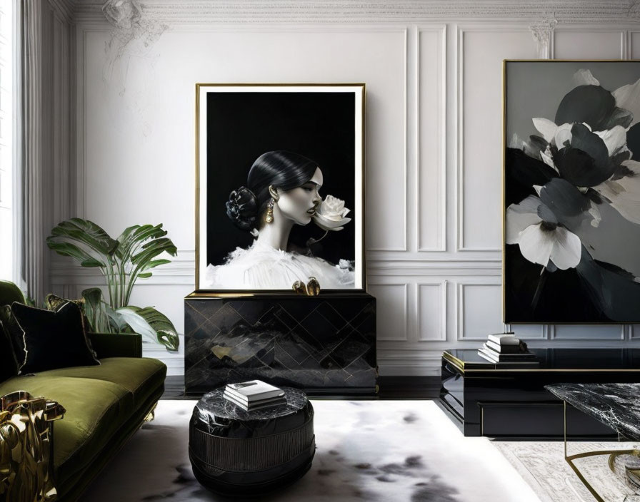 Sophisticated interior with white walls, woman artwork, green velvet sofa, dark furniture, marble tables