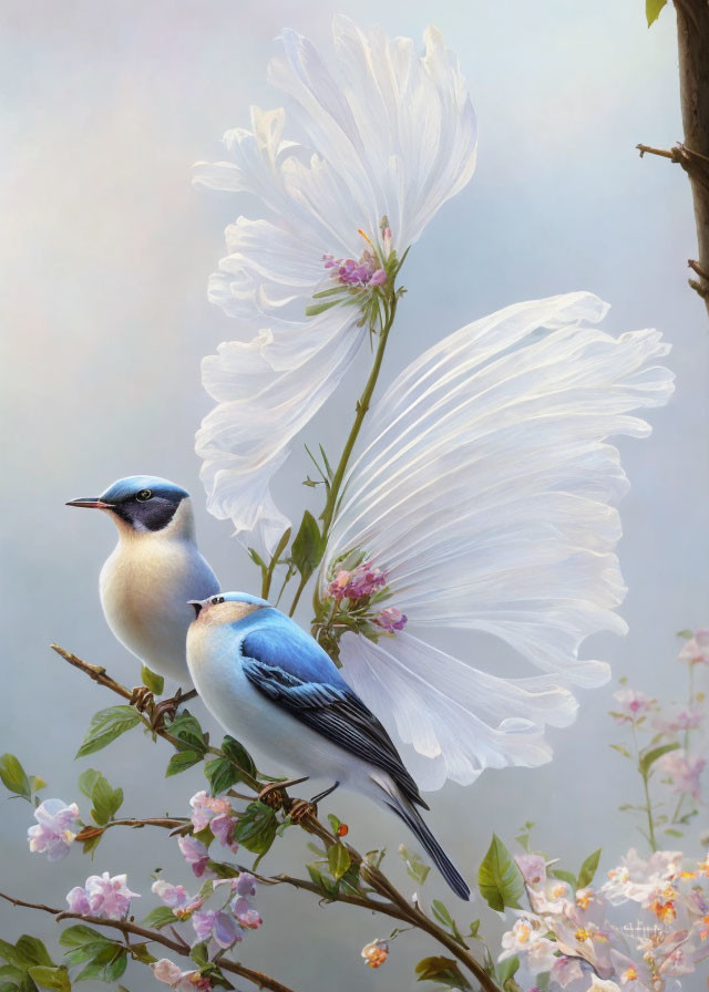 Blue and White Birds on Branch with Pink Blossoms and White Cosmos Flowers