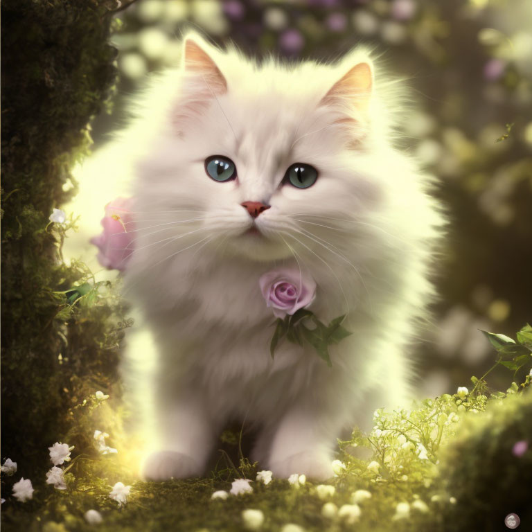 Fluffy White Cat with Blue Eyes in Enchanted Forest