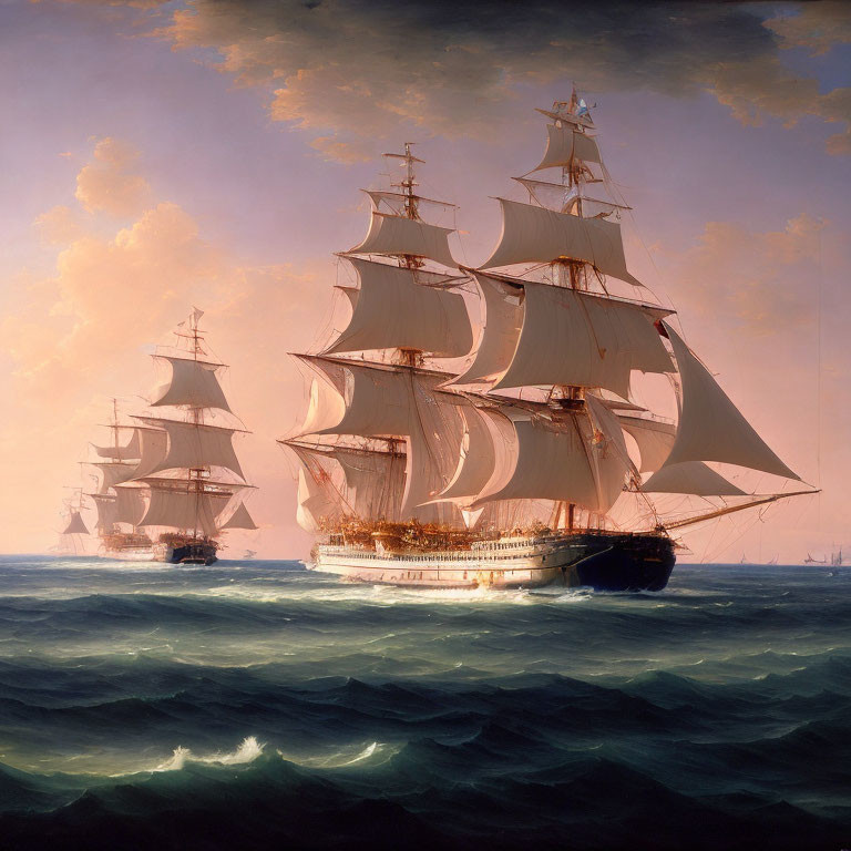 Majestic sailing ships with full white sails on choppy blue sea